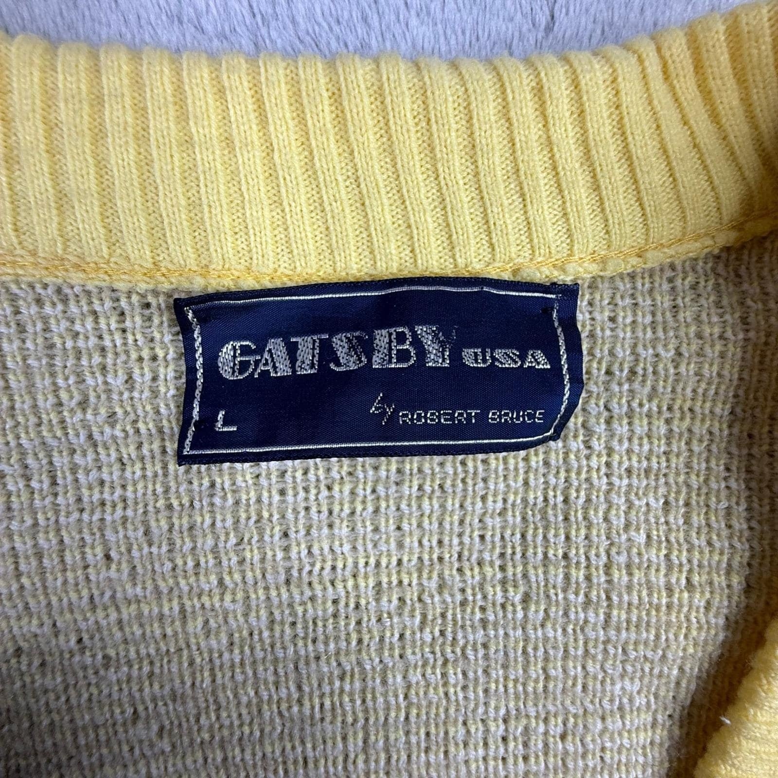 Vintage Gatsby USA Robert Bruce Yellow Argyle Knit Cardigan Sweater Mens Large