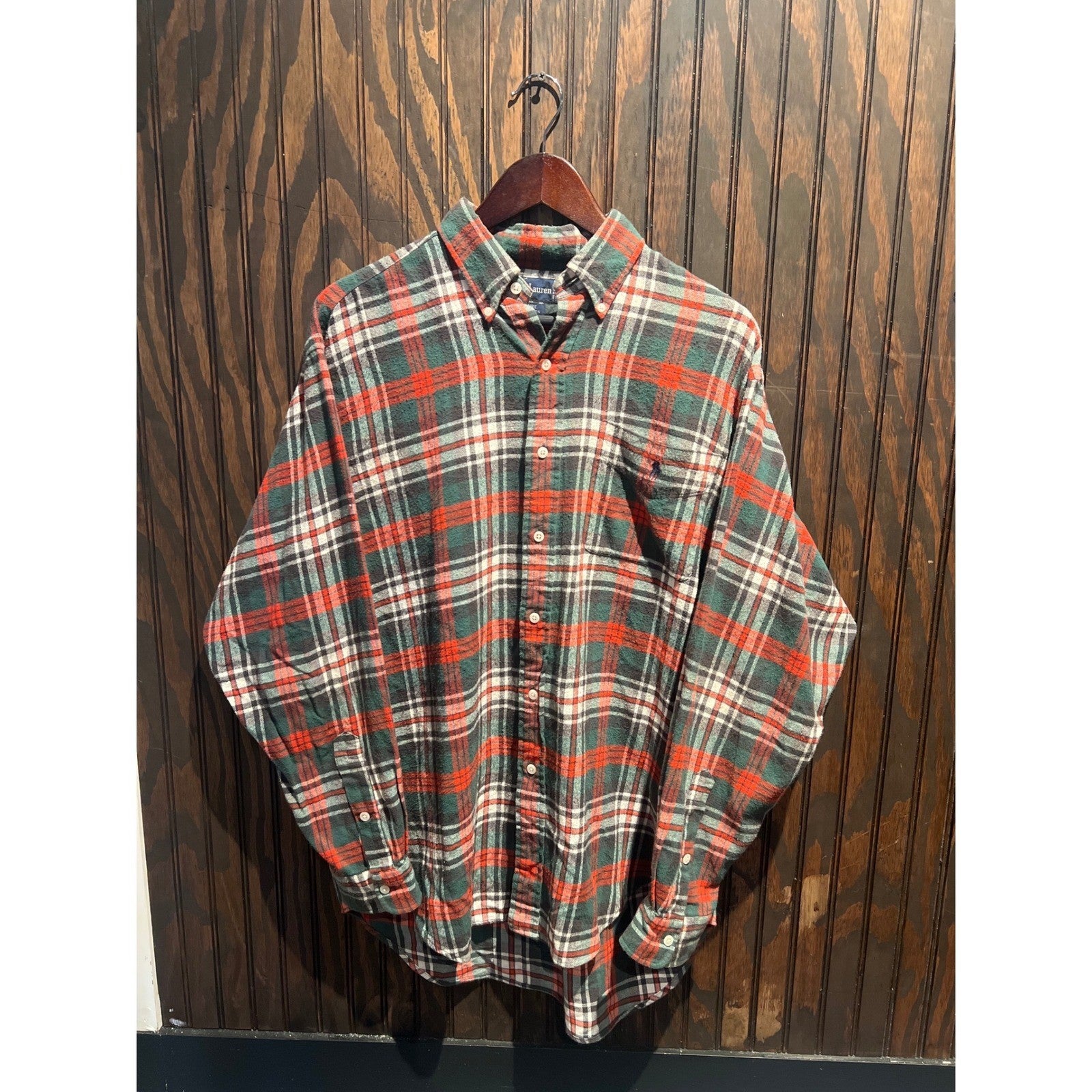 Polo Ralph Lauren Mens Plaid Flannel Button Down Shirt Red Green White Large