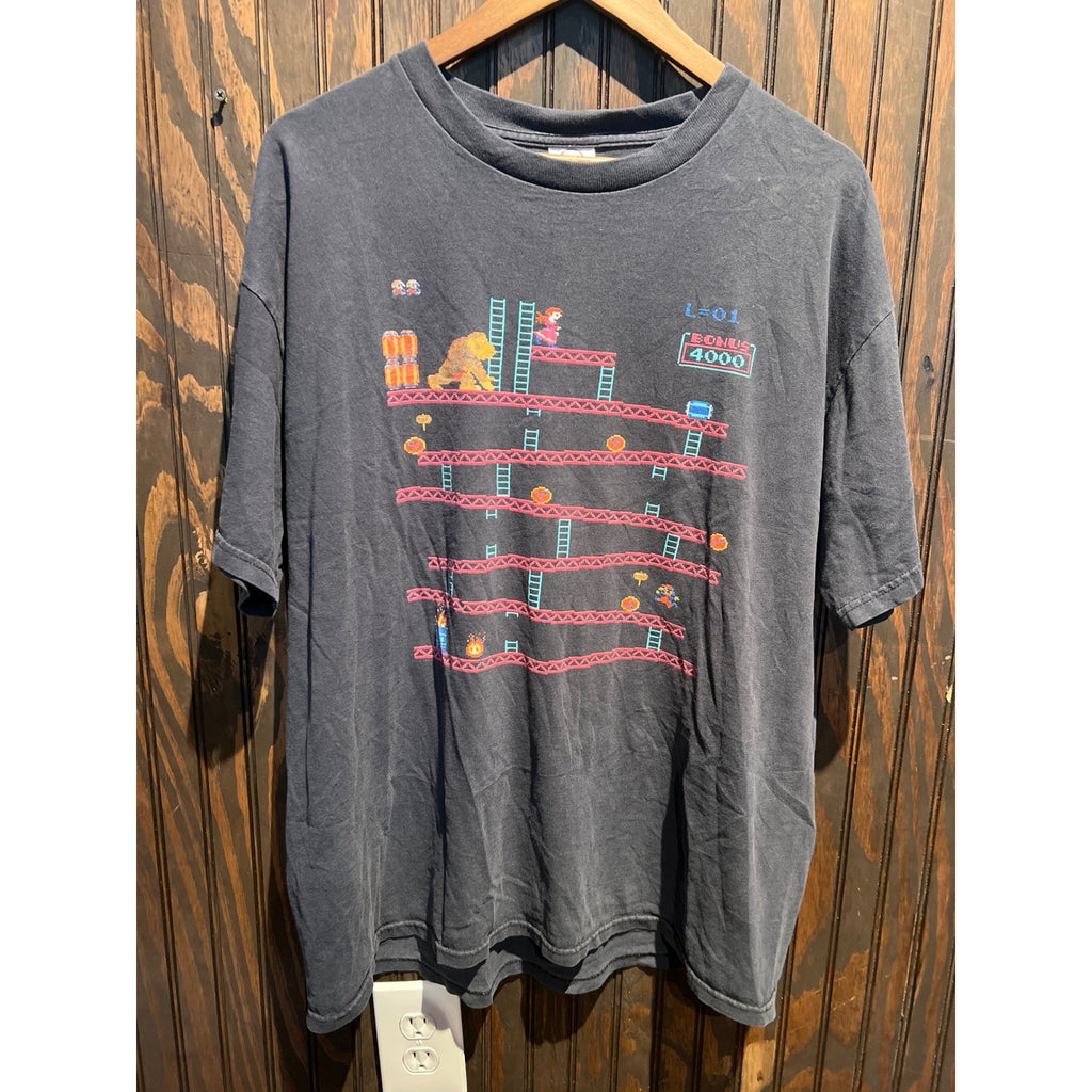 Vintage Nintendo Donkey Kong Arcade Game Graphic Tee Faded Black Mens XL 24x29