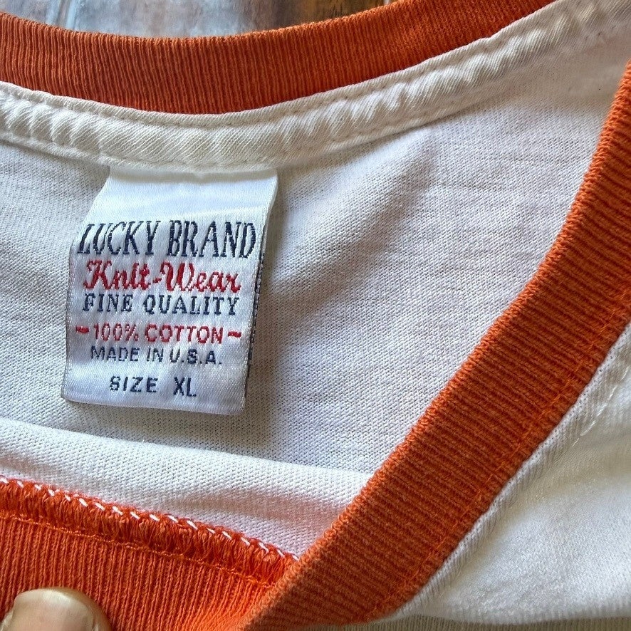 Lucky Brand Mens XL Ringer T-Shirt White Orange Graphic Made in USA Cotton 0244