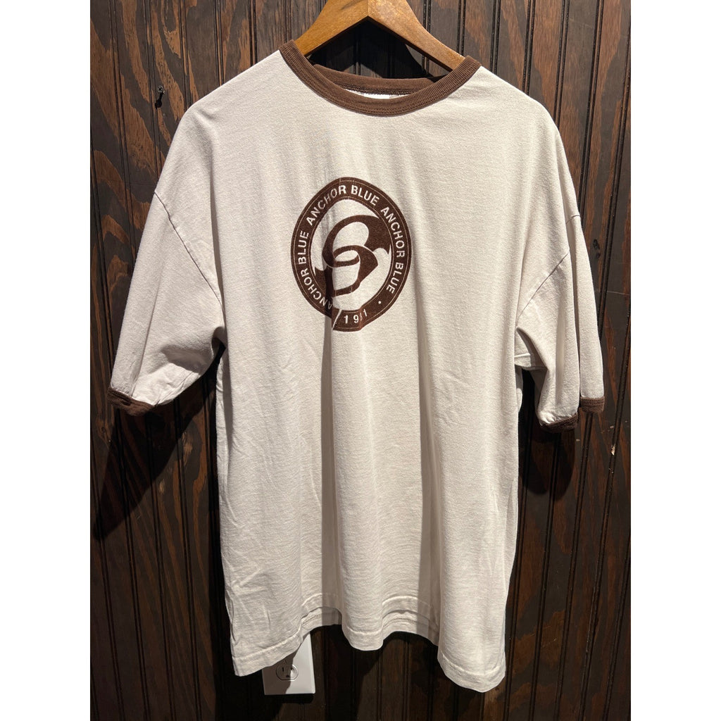 Vintage Anchor Blue Ringer T-Shirt Cream Brown Graphic Logo XL 90s Streetwear