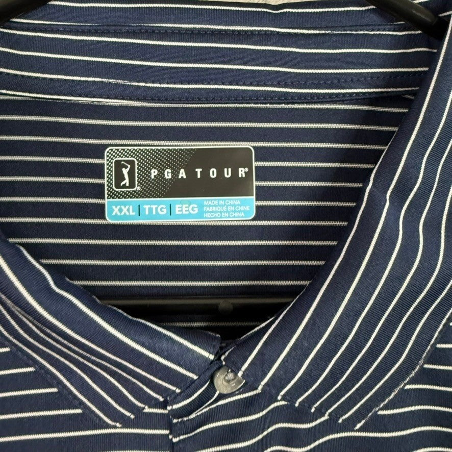 PGA TOUR Mens XXL Navy White Stripe Golf Polo Shirt Performance Dry Fit