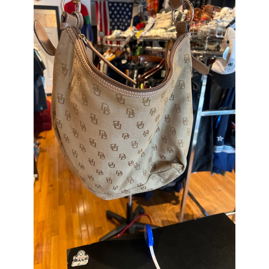 Dooney & Bourke Monogram Canvas Leather Trim Hobo Shoulder Bag Tan Brown