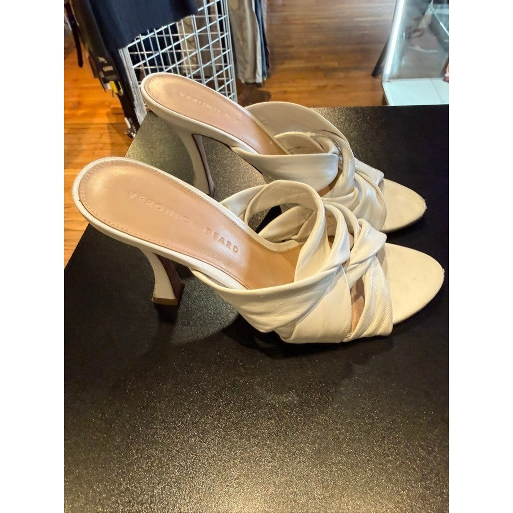 Veronica Beard White Leather Twisted Knot Mule Heels Open Toe Sandals Size 8M
