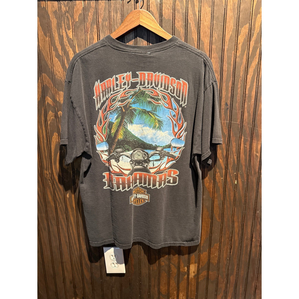 Vintage Harley-Davidson Bahamas Flames Graphic T-Shirt Faded Black Mens XL 24x29