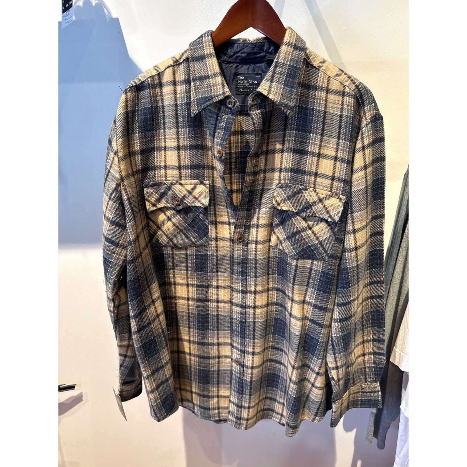Vintage JCPenney The Mens Shop Flannel Shirt Blue Tan Plaid Acrylic Lined 26x31