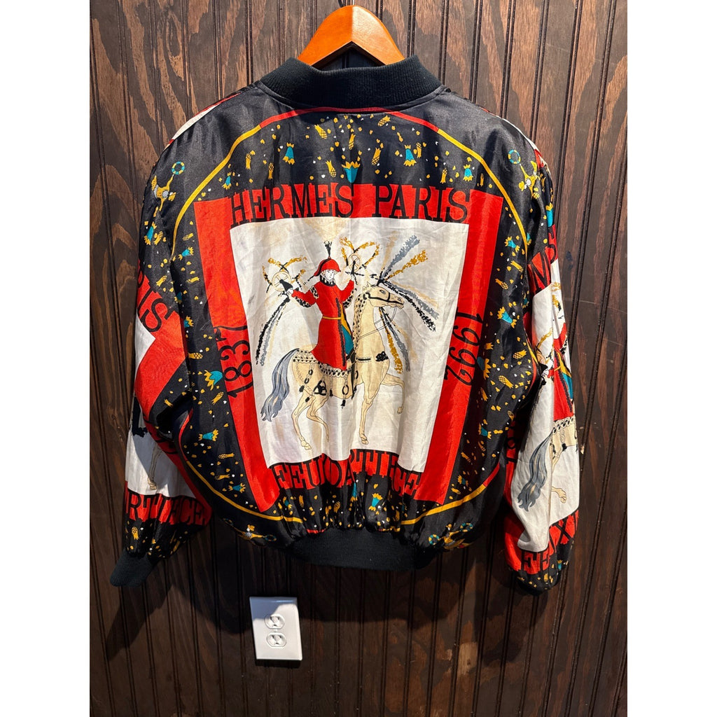 Hermes Paris Silk Bomber Jacket Reversible Equestrian Scarf Print Black Red