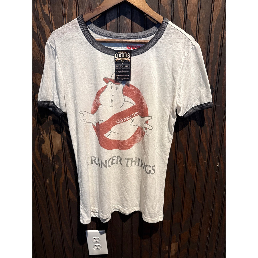 Stranger Things Ghostbusters Ringer Tee White Grey Graphic T-Shirt Retro 80s L
