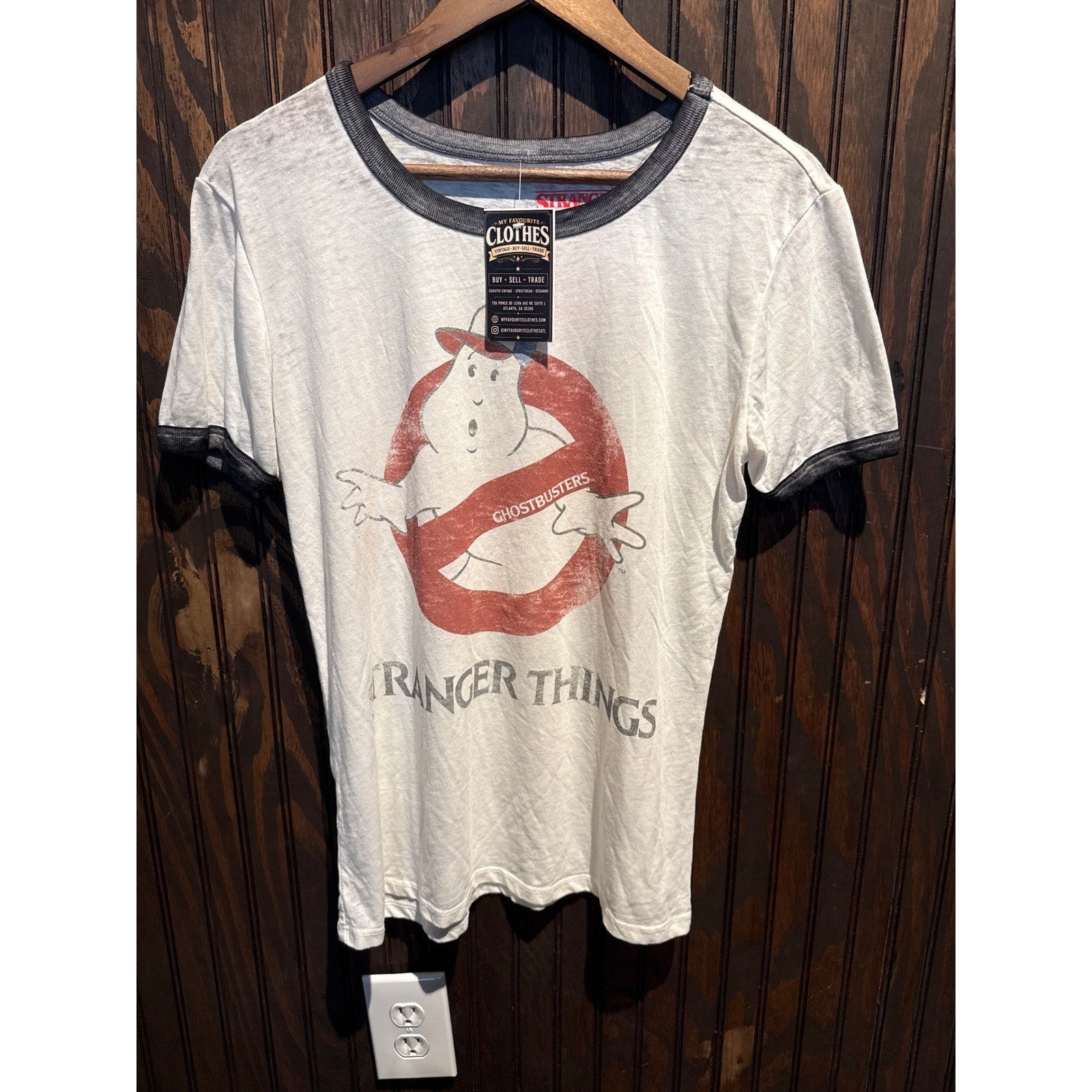 Stranger Things Ghostbusters Ringer Tee White Grey Graphic T-Shirt Retro 80s L