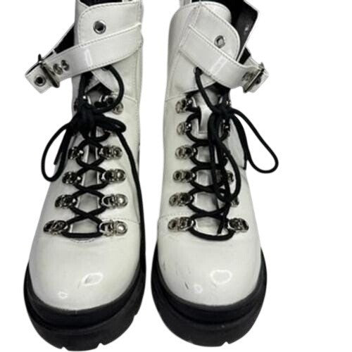 Jeffrey Campbell White Lace Up Buckle Boots Chunky Platform Lug Sole Size 7