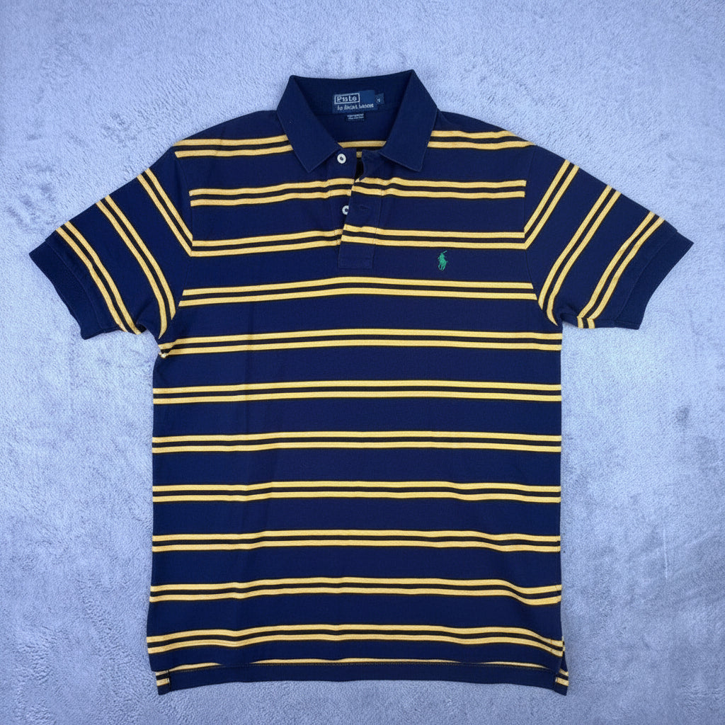 Polo Ralph Lauren Men's Navy Yellow Striped Short Sleeve Polo Shirt Size Medium