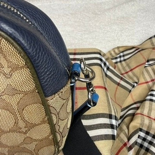 Coach Signature Monogram Canvas Leather Trim Camera Bag Navy Blue Beige