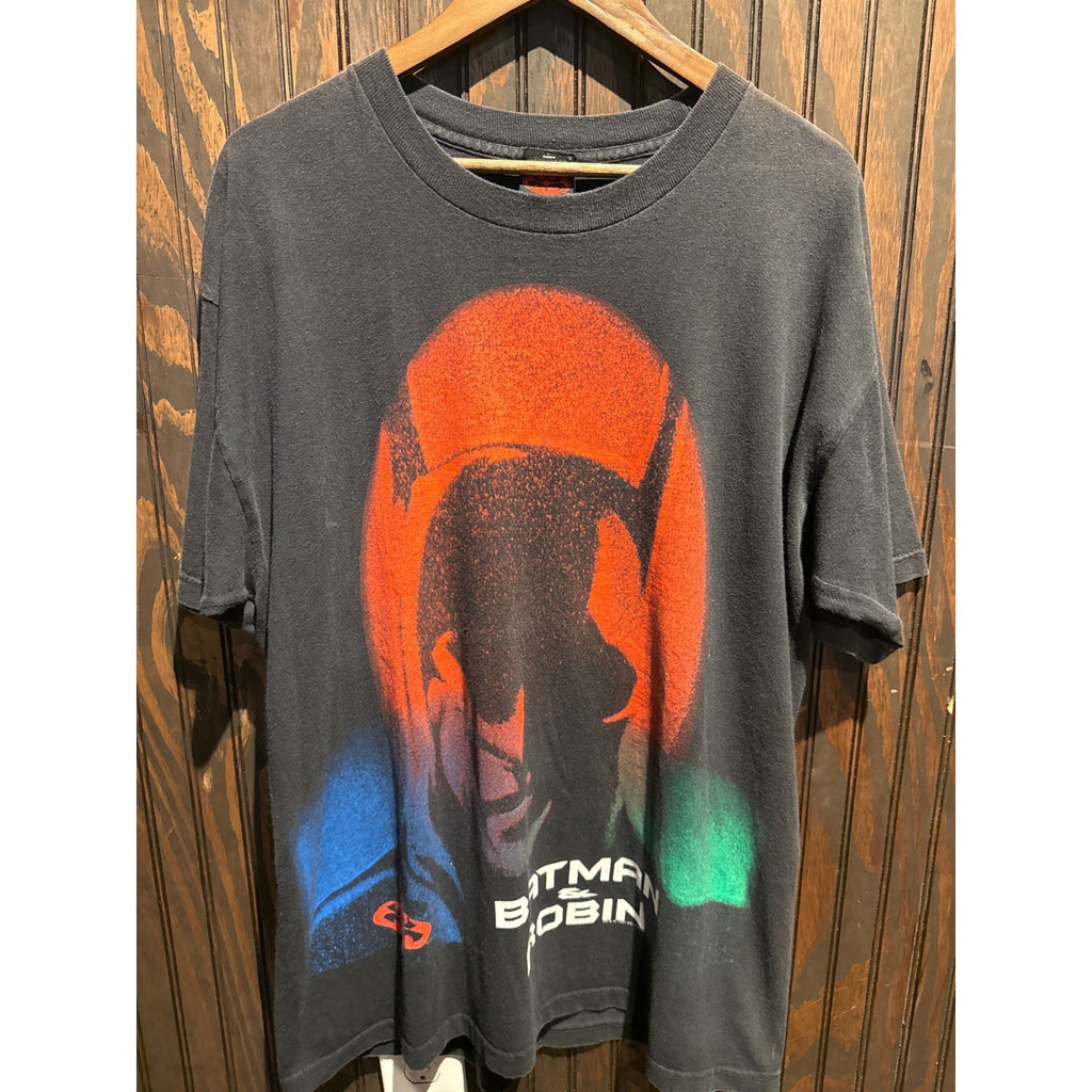 Vintage 1997 Batman & Robin Movie Promo T-Shirt Black Graphic Tee Mens XL 23x32