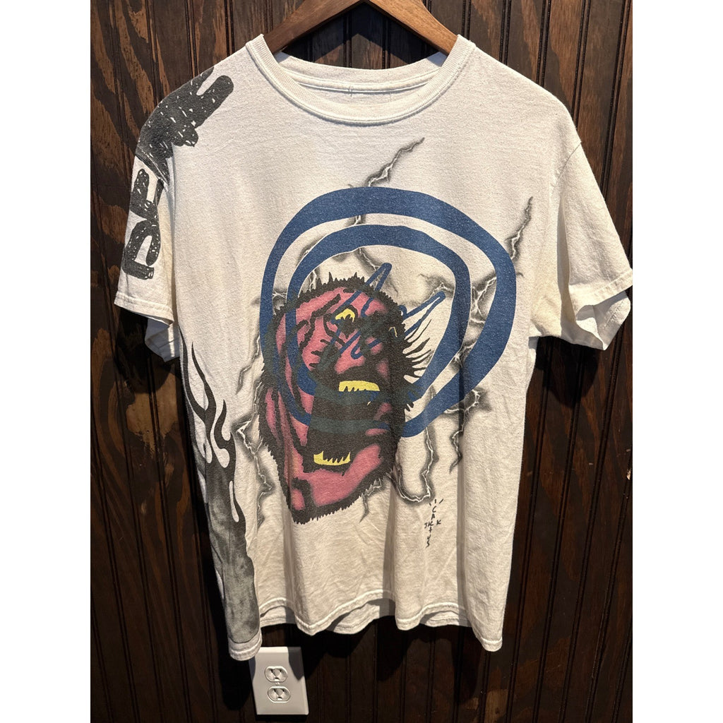 Travis Scott Cactus Jack Graphic Tee Off-White Pink Face Lightning Bolt Shirt