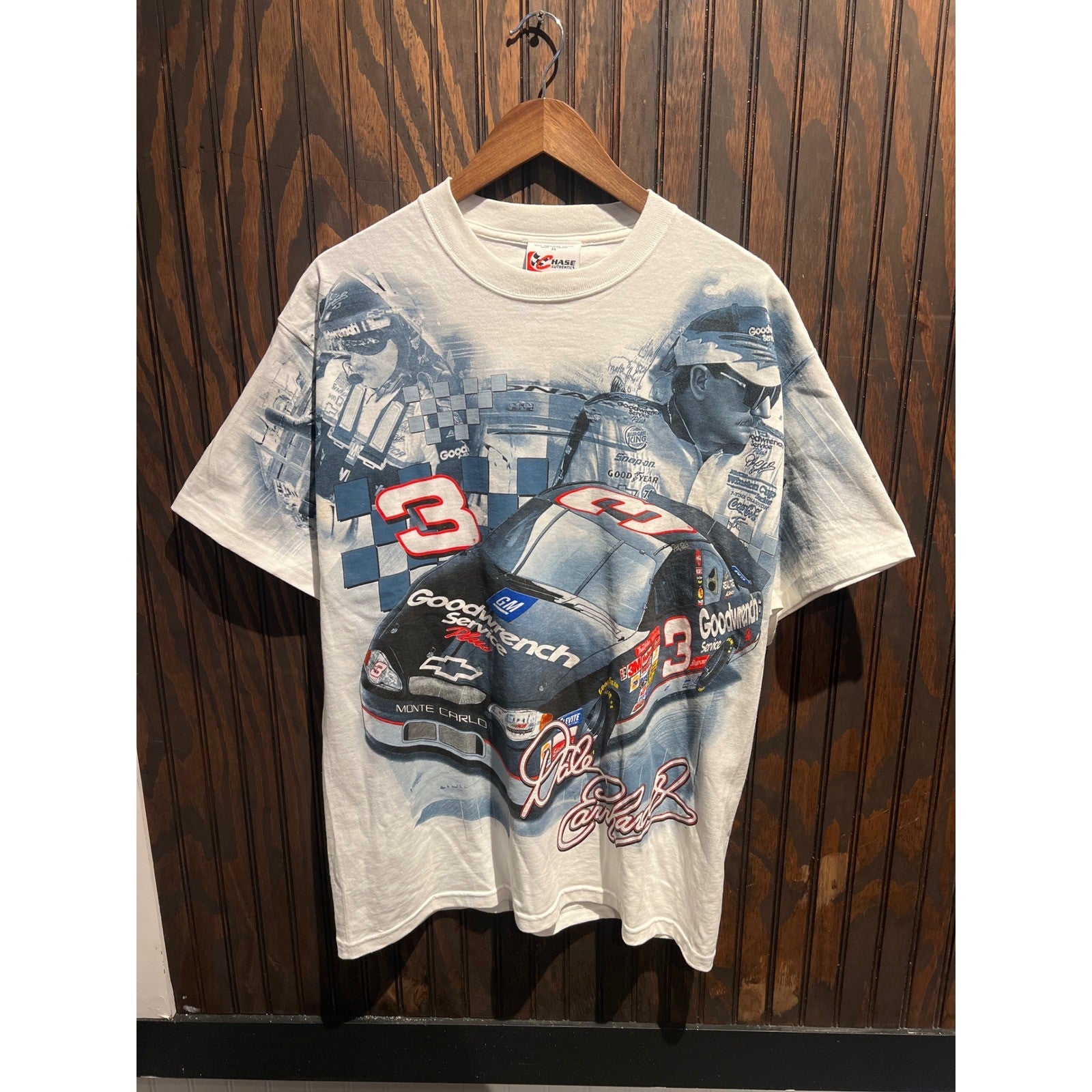 Vintage Chase Authentics Dale Earnhardt NASCAR All Over Print T-Shirt White XL