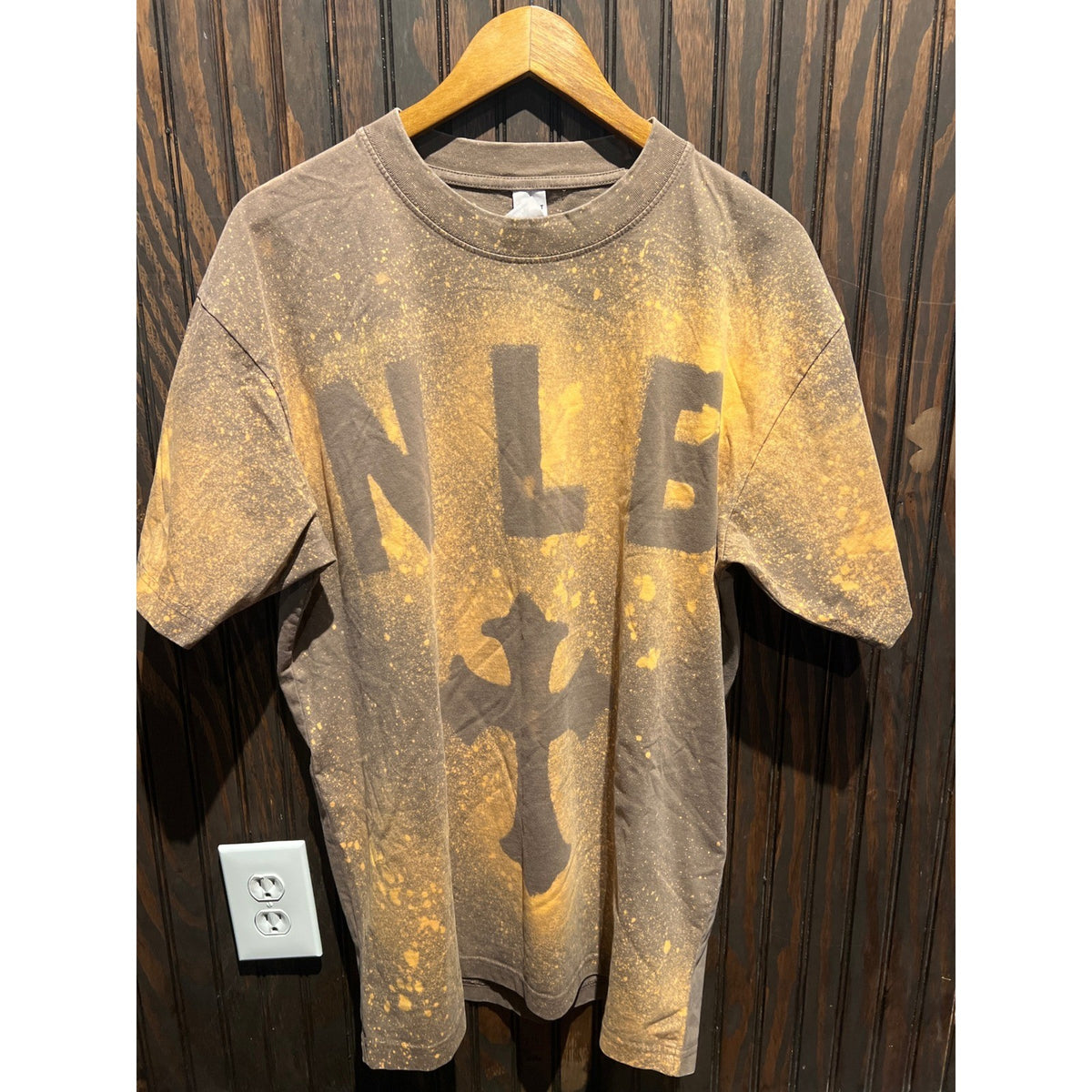 Choppa Acid Wash Bleach Splatter Cross Graphic T-Shirt Brown Mens L