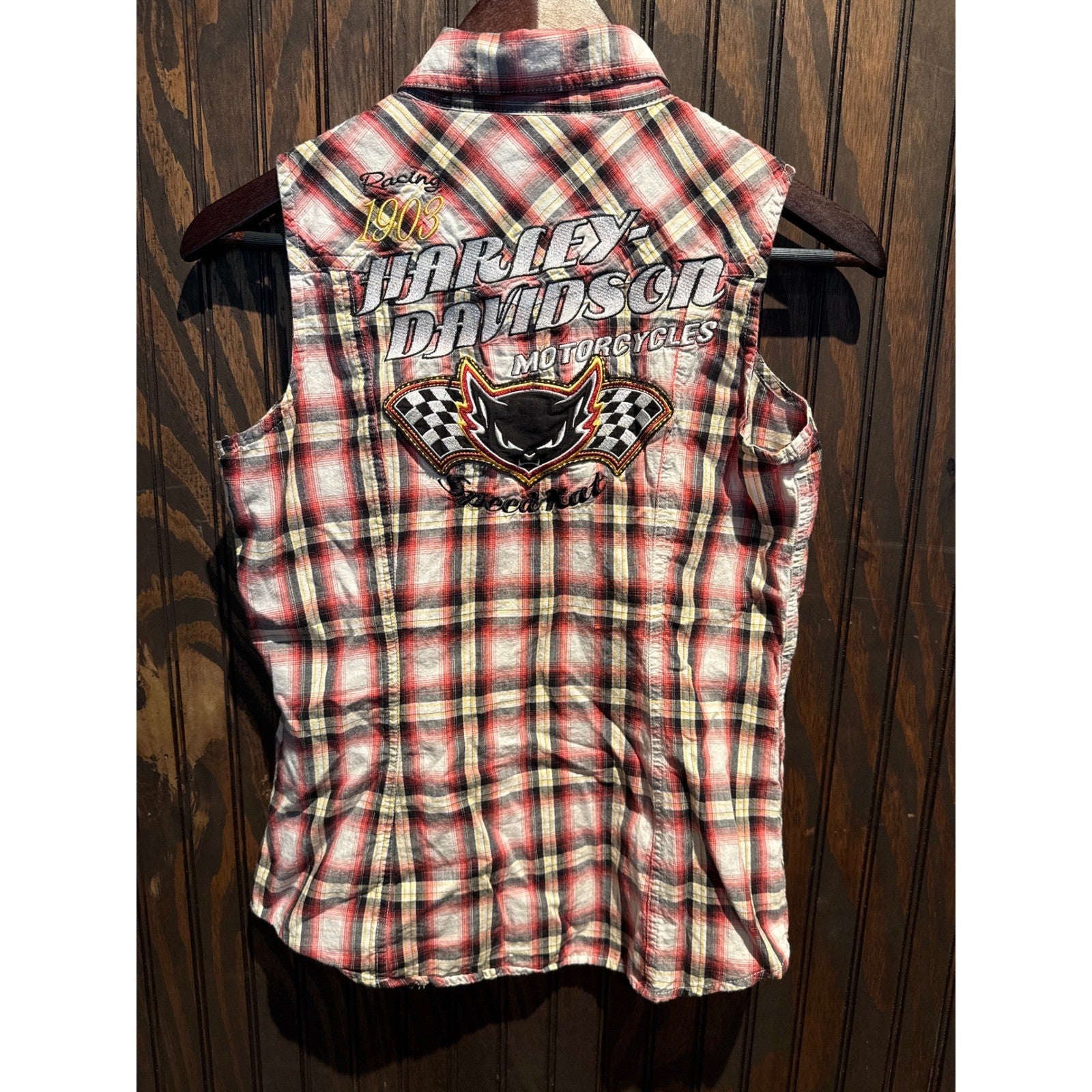 Harley Davidson Sleeveless Plaid Shirt Red Eagle Graphic Biker Button Up Mens M