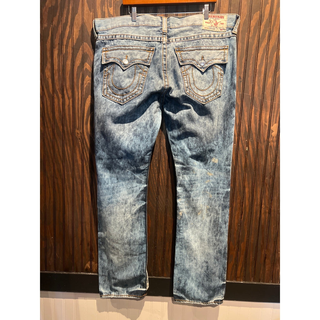 True Religion Ricky Straight Leg Jeans Blue Acid Wash Contrast Stitch Mens 42x34