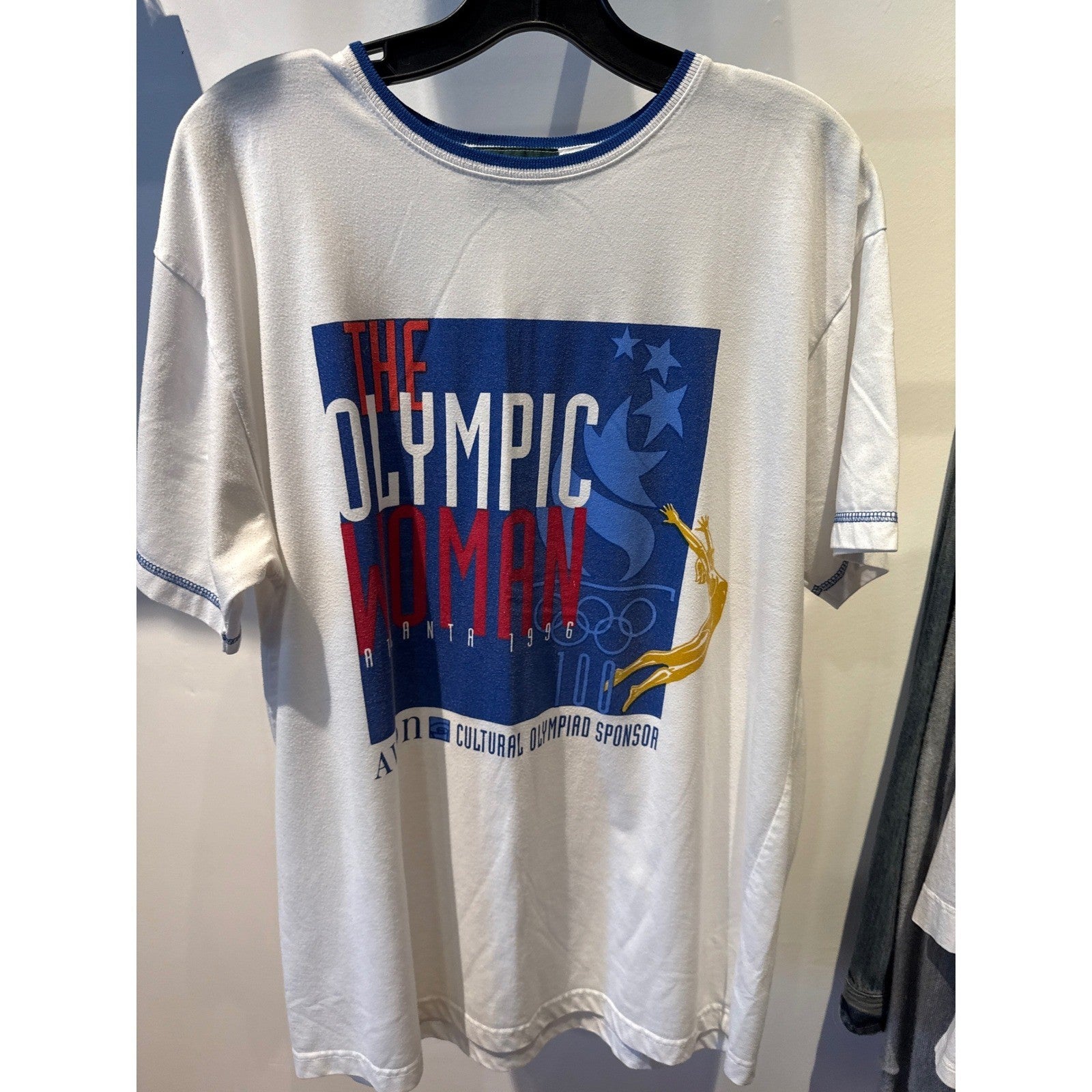 Vintage 1996 Atlanta Olympics The Olympic Woman Ringer T-Shirt White Blue XL