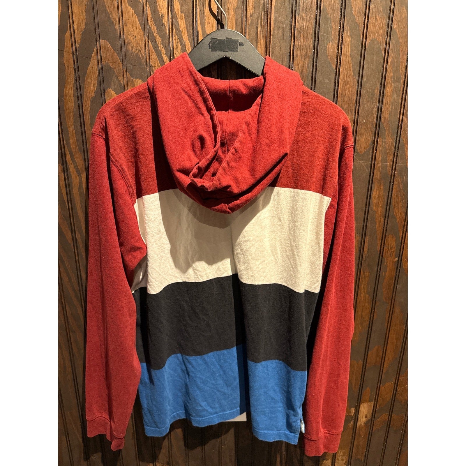 Stussy Mens Colorblock Rugby Hoodie Long Sleeve Logo Red White Blue Black Large