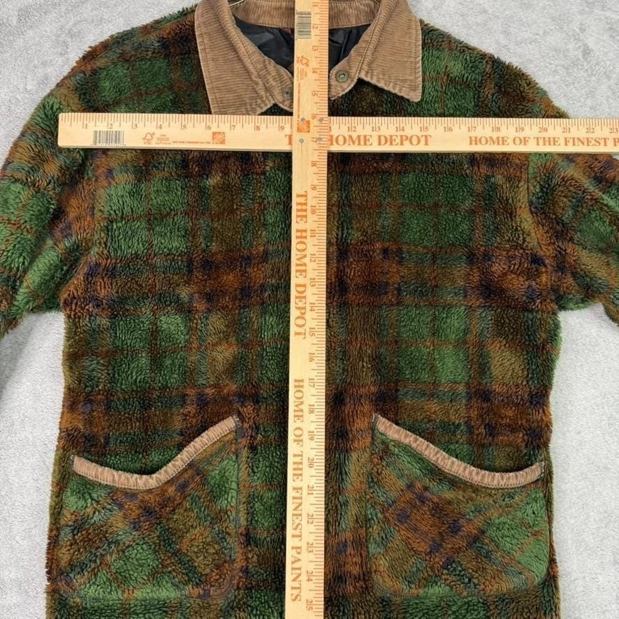 Vintage Plaid Fleece Jacket Corduroy Collar Zip Up Green Brown Mens Medium