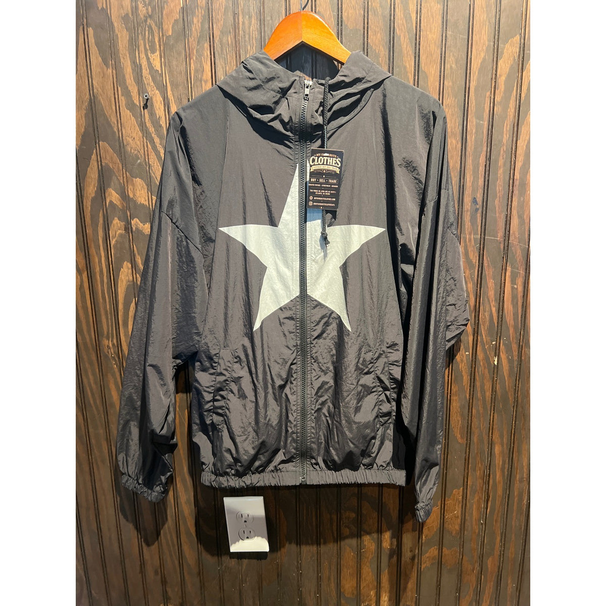 Black Full Zip Star Graphic Hooded Windbreaker Jacket Streetwear Lightweight