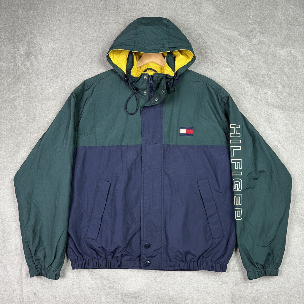 Tommy Hilfiger Colorblock Windbreaker Jacket Navy Green Mens XL Logo Spellout