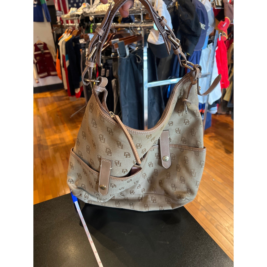 Dooney & Bourke Monogram Canvas Leather Trim Hobo Shoulder Bag Tan Brown