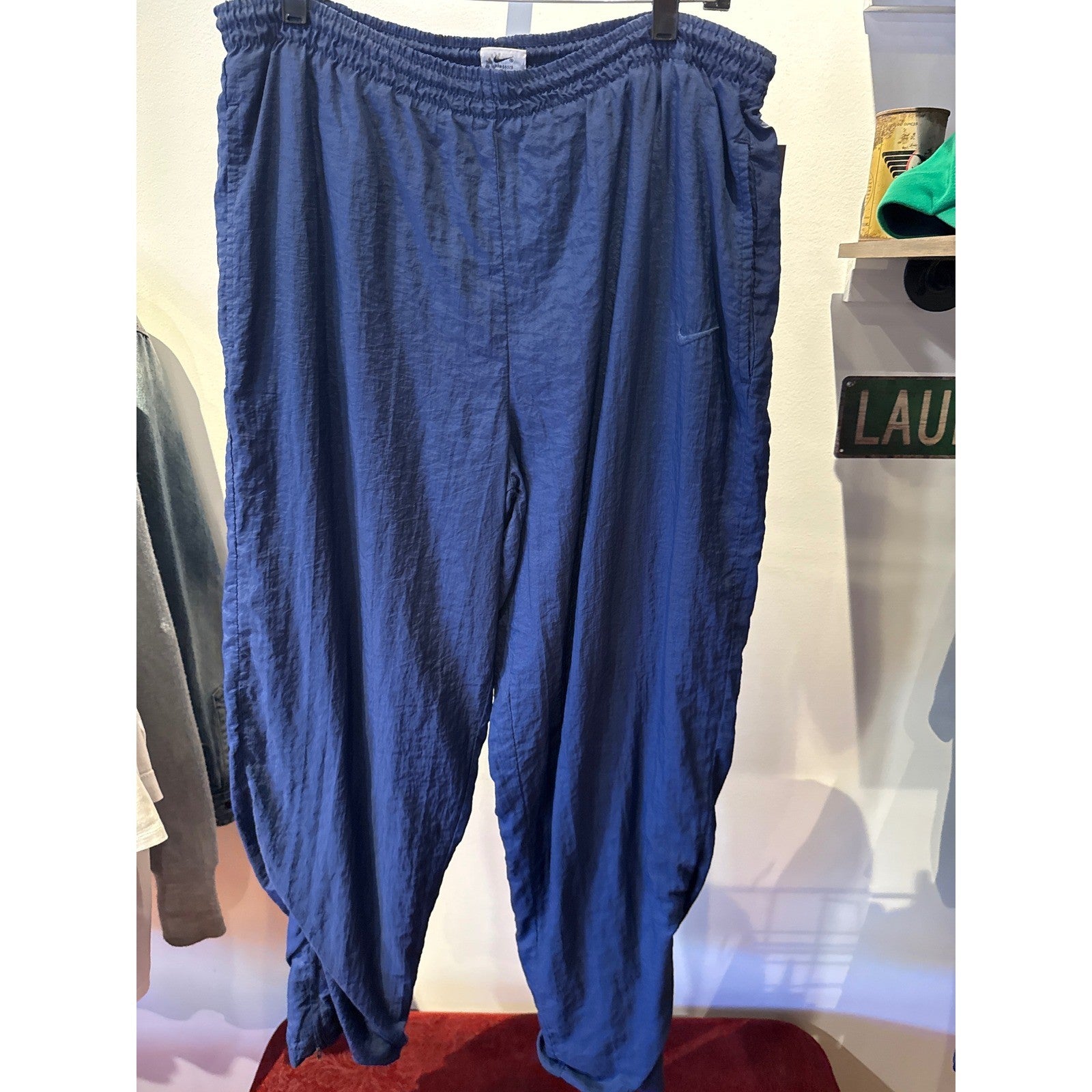 Mens Blue Crinkle Nylon Track Pants Elastic Waist Retro Athletic Joggers
