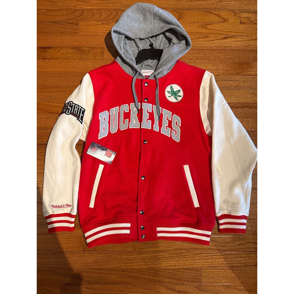 Mitchell & Ness Ohio State Buckeyes Varsity Jacket Red Cream Hooded Mens NEW