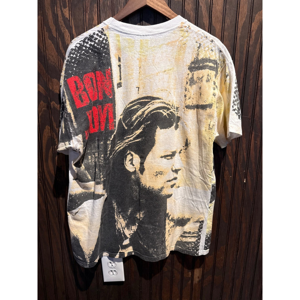 Vintage Bon Jovi All Over Print Graphic T-Shirt 90s Rock Band White Large XL