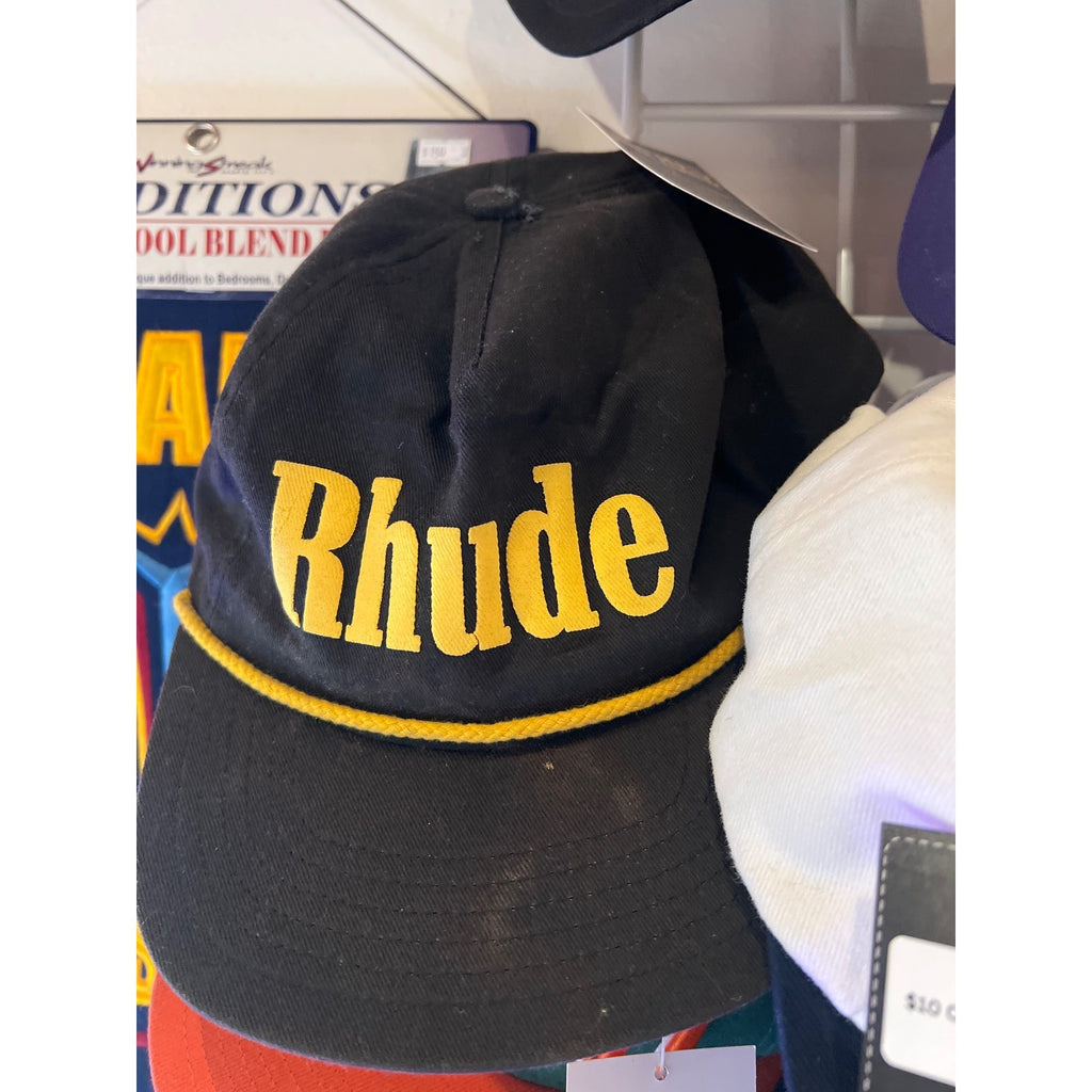 Rhude Black Yellow Script Logo Rope Snapback Hat Cap Streetwear Luxury