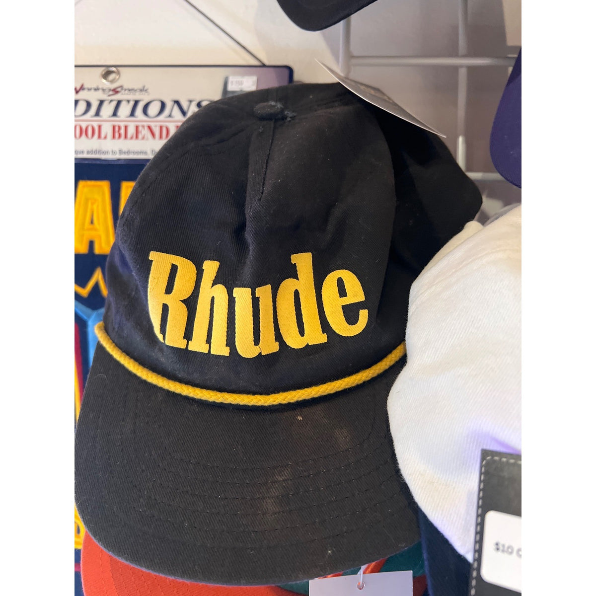 Rhude Black Yellow Script Logo Rope Snapback Hat Cap Streetwear Luxury