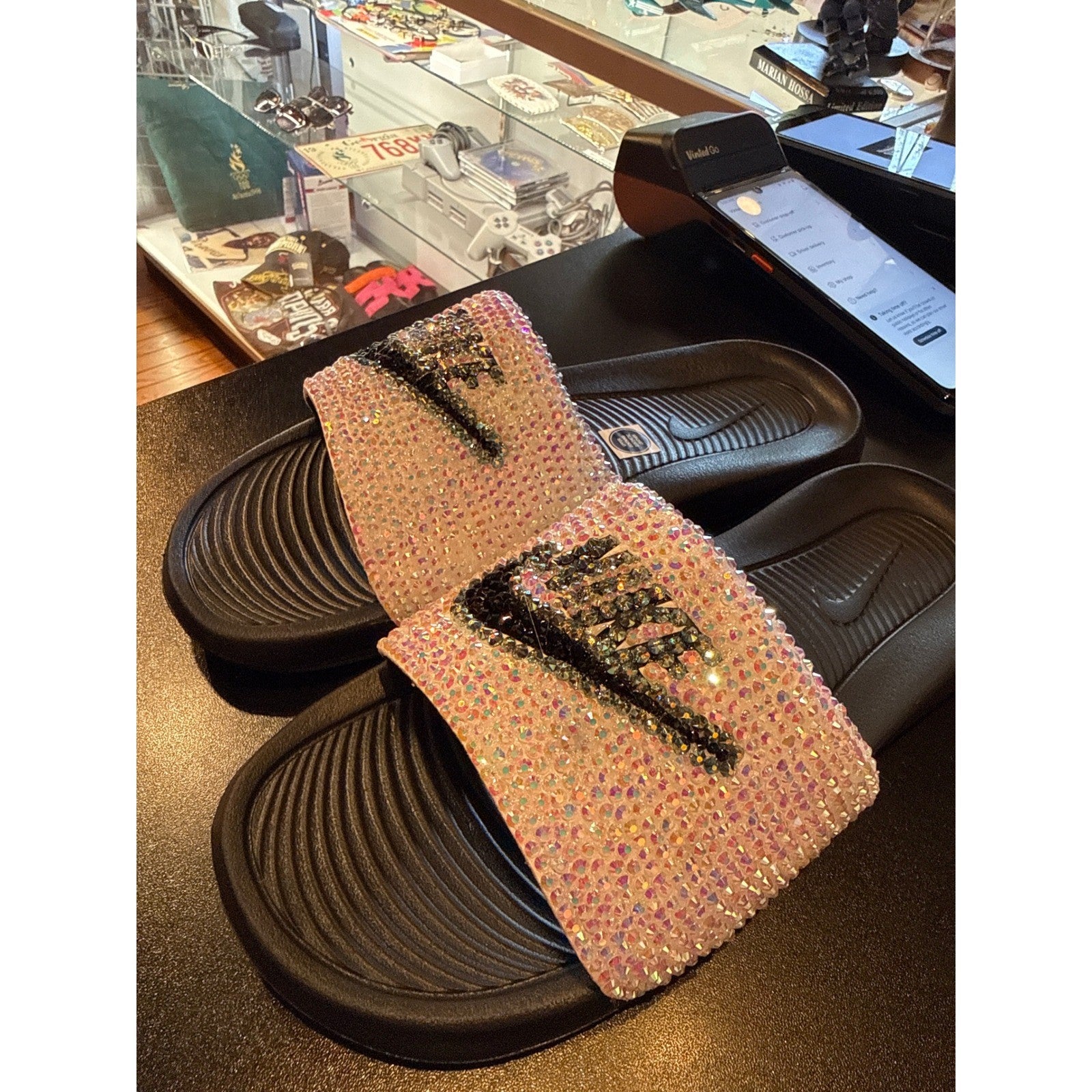 Nike Kawa Custom Rhinestone Slides Black Iridescent Bling Sandals Mens Womens