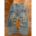 Vale Sports Division Rhinestone Baggy Jeans Dirty Wash Blue Wide Leg 32x31