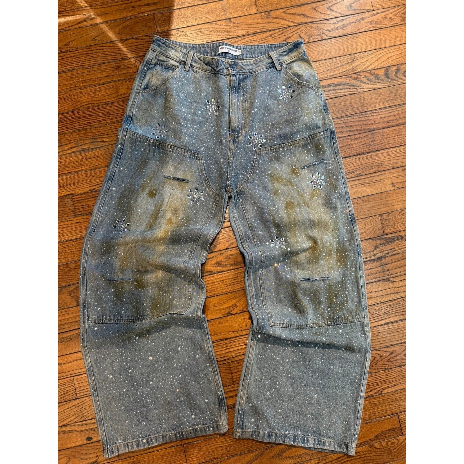 Vale Sports Division Rhinestone Baggy Jeans Dirty Wash Blue Wide Leg 32x31