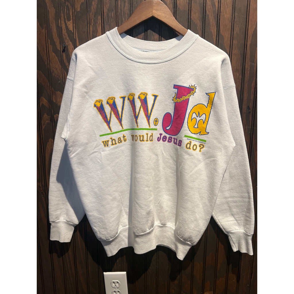 Vintage 90s WWJD What Would Jesus Do Sweatshirt White Graphic Crewneck New World