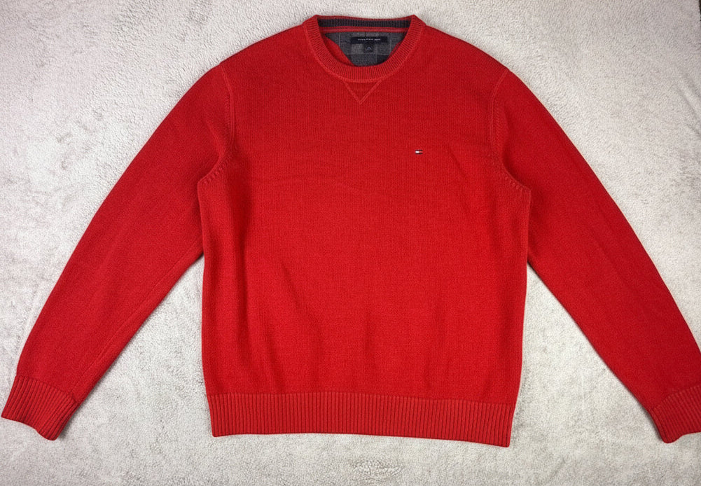 Tommy Hilfiger Mens Red Crewneck Sweater XL Plaid Trim Logo Knit