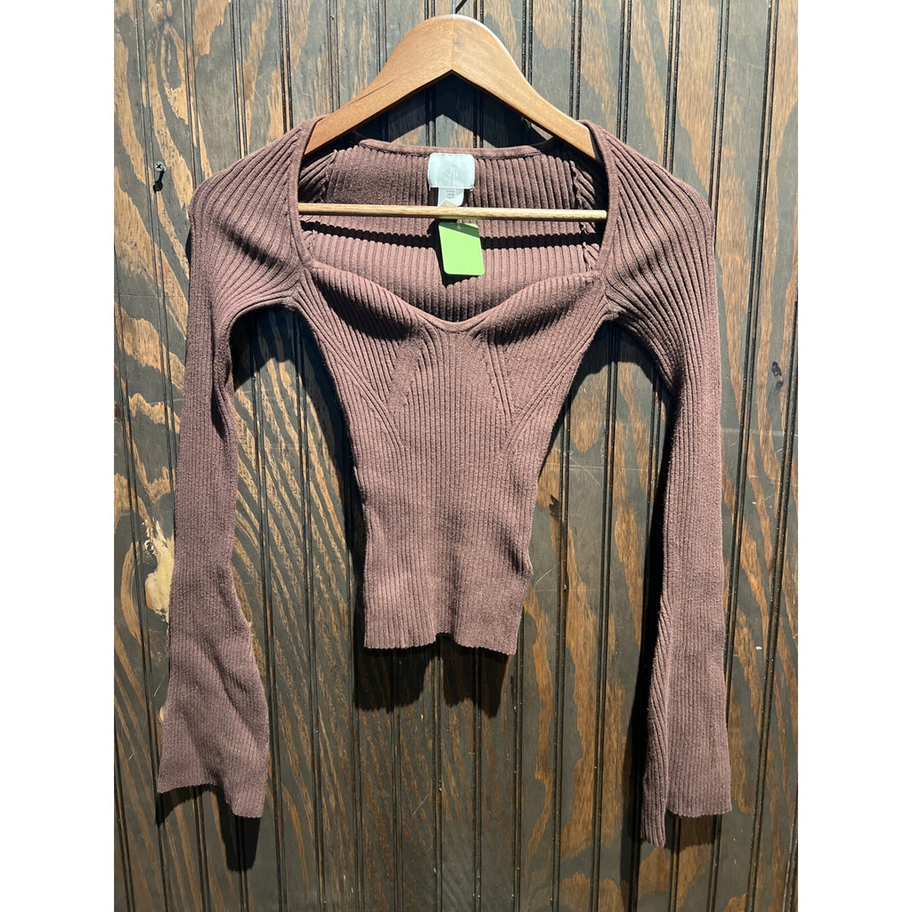 Anthropologie Pilcro Brown Ribbed Sweetheart Neck Bell Sleeve Sweater Top