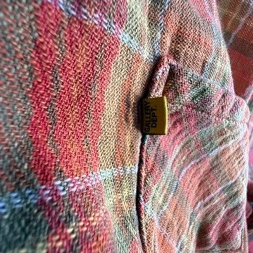 Gallery Dept Mens Plaid Distressed Flannel Shirt Red Orange Large Made in USA