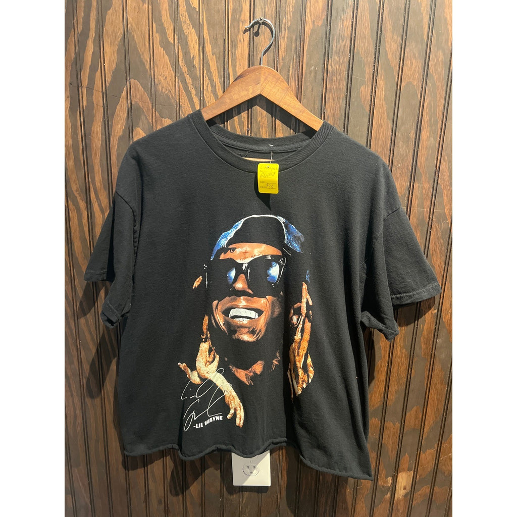 Lil Wayne Graphic T-Shirt Black Cropped Raw Hem Hip Hop Rap Tee 26x23