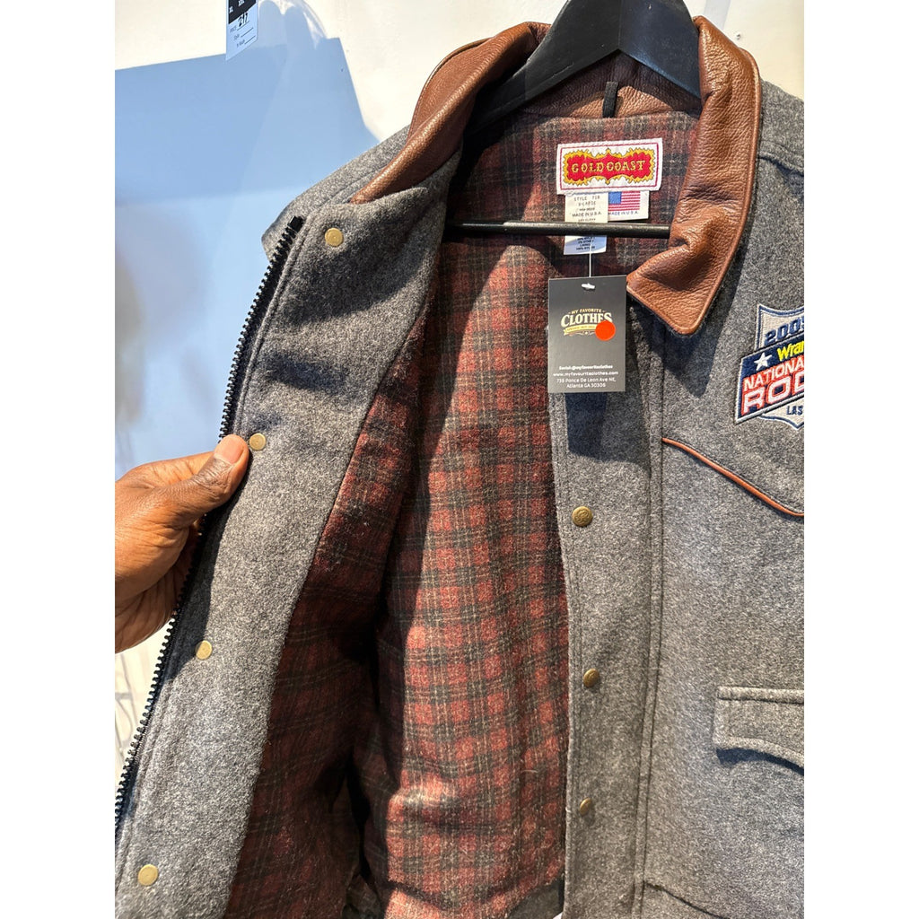 Gold Coast Mens 2005 Wrangler National Finals Rodeo Wool Leather Vest Grey XL