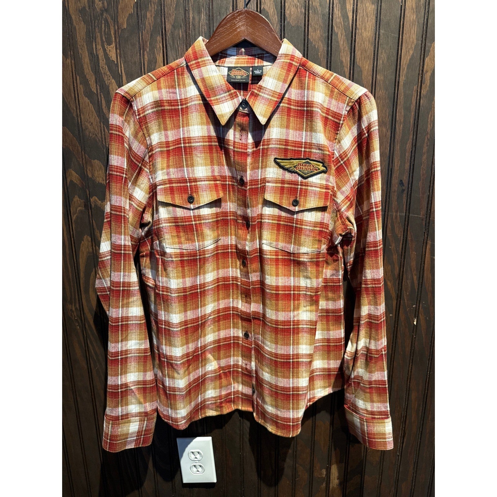 Harley-Davidson 120th Anniversary Flannel Shirt Orange Plaid Button Up Mens L