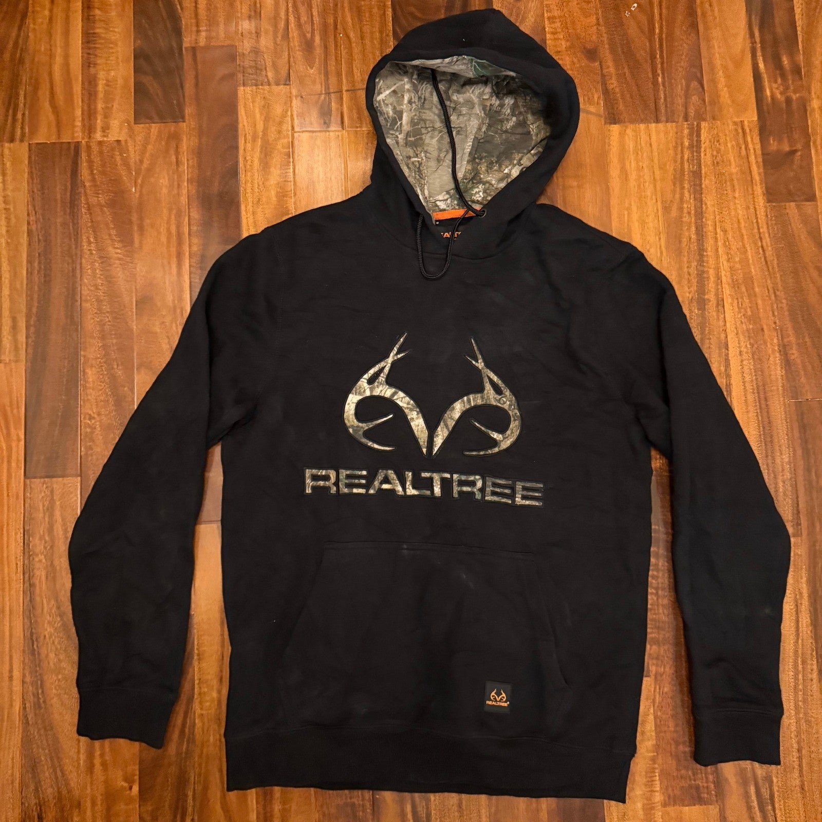Realtree Mens Black Camo Logo Pullover Hoodie Sweatshirt Size Medium Hunting