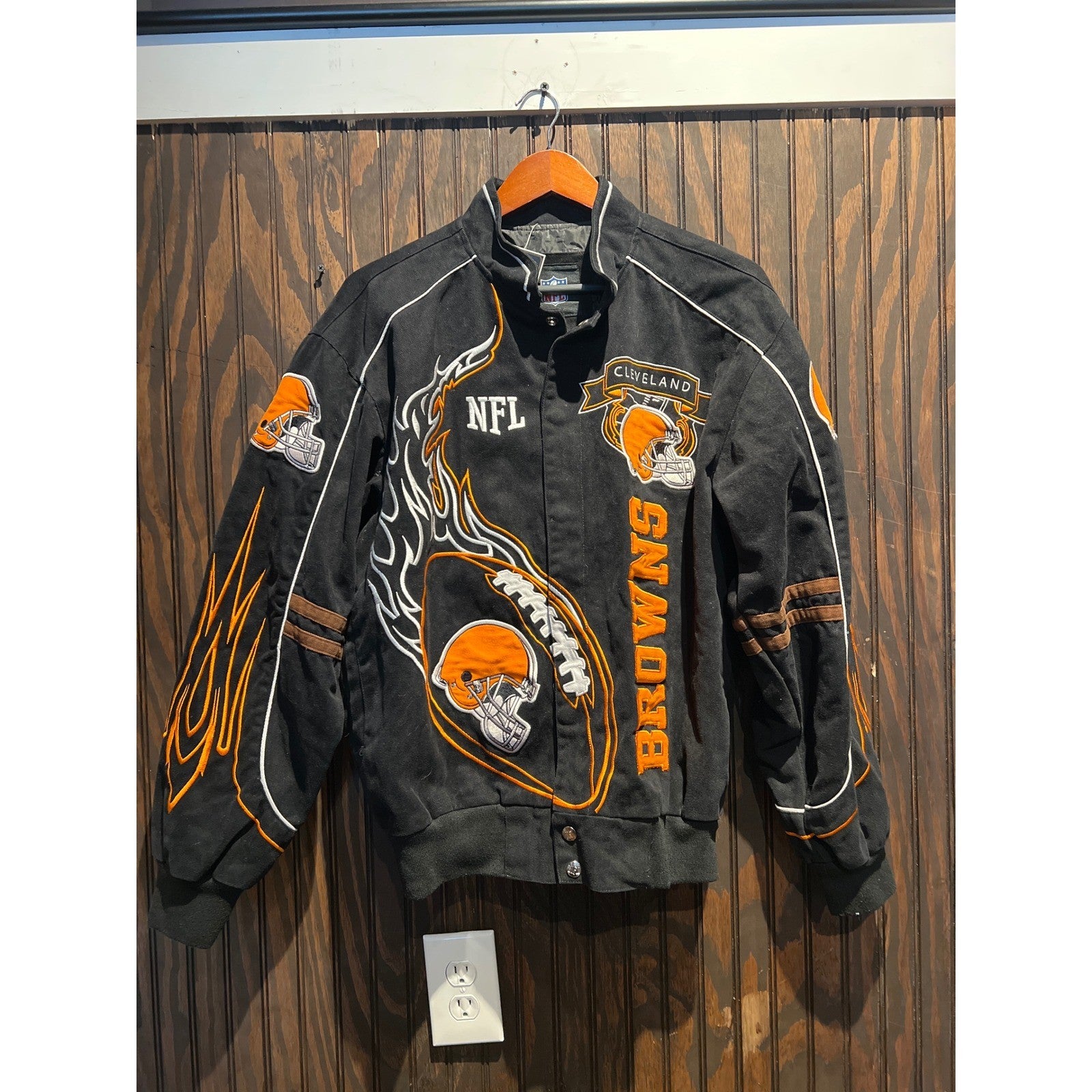 NFL Cleveland Browns Varsity Jacket Black Orange Embroidered Flame Mens XL