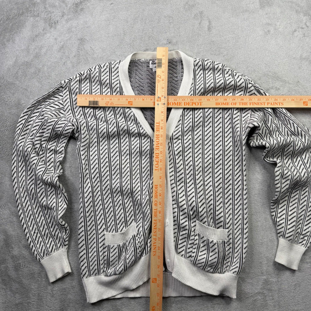 MF Staff Mens Large Cotton Cardigan Sweater Black White Stripe V Neck Pockets