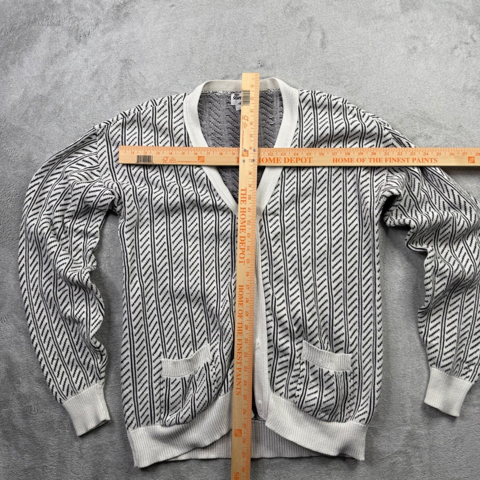 MF Staff Mens Large Cotton Cardigan Sweater Black White Stripe V Neck Pockets