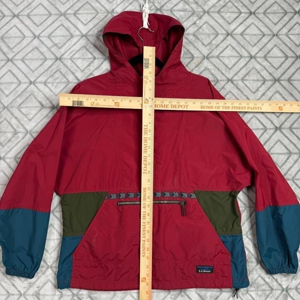 LLBean Colorblock Anorak Hooded Jacket Pullover Red Green Teal Size Large