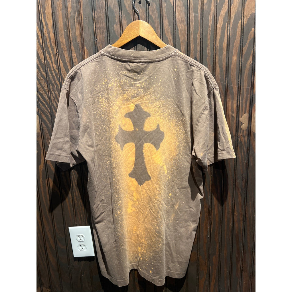 Choppa Acid Wash Bleach Splatter Cross Graphic T-Shirt Brown Mens L