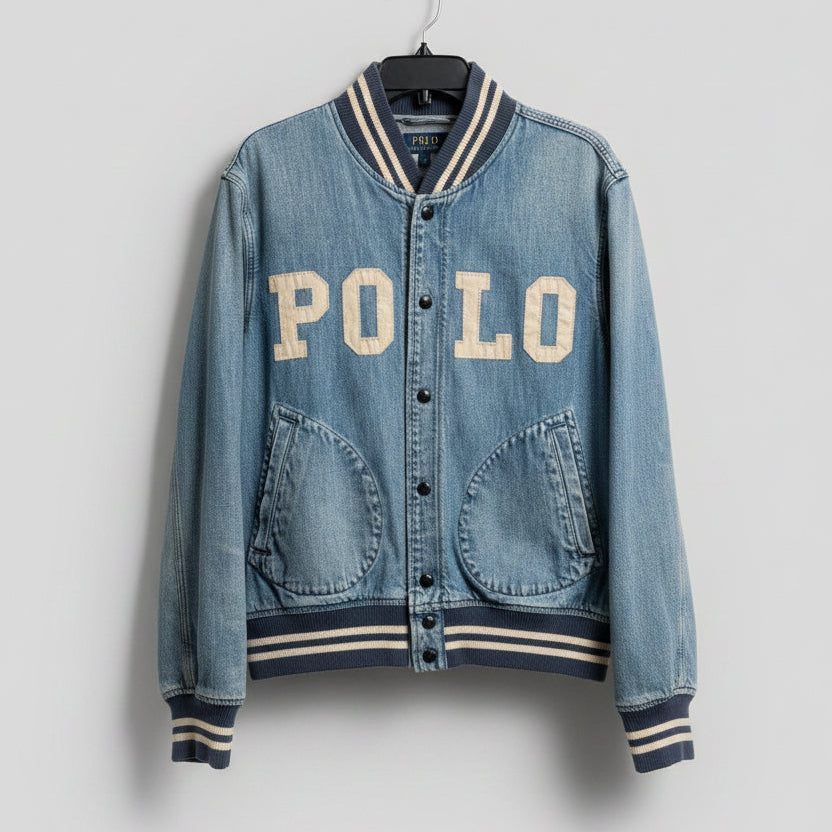 Polo Ralph Lauren Denim Varsity Jacket Blue Light Wash Snap Bomber Mens Medium
